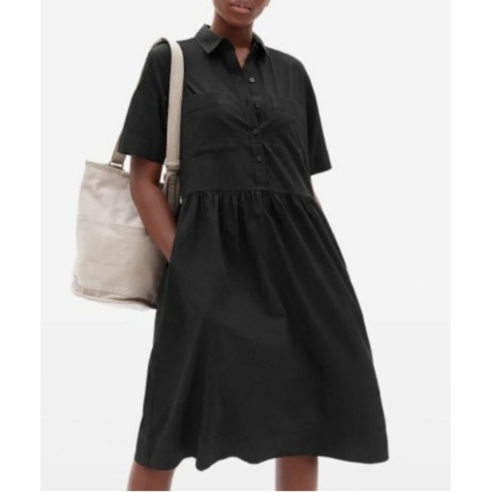 Everlane Womens Black Cotton Poplin Short Sleeve Button Front Midi Dress Size 12